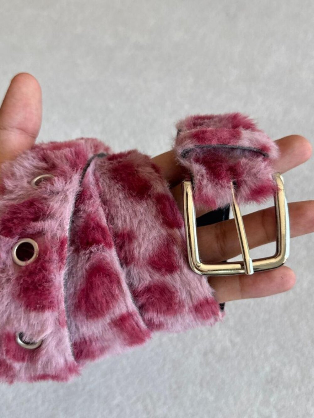 Pink Leopard Print Faux Fur Belt with Square Gold-Tone Buckle